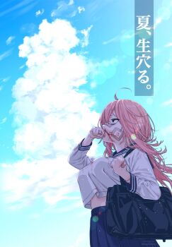 1girl ahoge bag bags_under_eyes bandaid bandaid_on_face bandaid_on_hand bandaid_on_nose blood blood_on_hands blue_sailor_collar blue_skirt blue_sky breasts commentary_request day highres hogerarara large_breasts lens_flare long_hair long_sleeves michinoku_komaro midriff nosebleed pink_hair sailor_collar school_bag school_uniform seitokai_ni_mo_ana_wa_aru! serafuku shirt skirt sky solo translation_request white_shirt wiping_nose