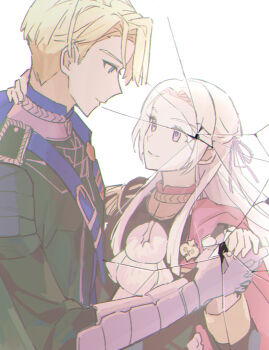 Rule 34 | 1boy, 1girl, arm guards, blonde hair, blue cape, blue eyes, blurry, broken glass, cape, capelet, closed mouth, commentary, couple, dancing, depth of field, dimitri alexandre blaiddyd, edelgard von hresvelg, fire emblem, fire emblem: three houses, from side, garreg mach monastery uniform, glass, hair between eyes, hair ribbon, hetero, highres, holding hands, ikaikakka, leaning on person, light smile, long hair, long sleeves, looking down, looking up, mixed-language commentary, nintendo, parted bangs, purple eyes, purple ribbon, red capelet, ribbon, shade, standing, upper body, white hair