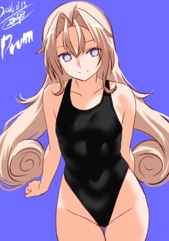 1girl black_one-piece_swimsuit blonde_hair blue_background breasts character_name commentary_request competition_swimsuit covered_navel dated drum_(kancolle) engo_(aquawatery) grey_eyes hair_intakes hair_rings highleg highleg_one-piece_swimsuit kantai_collection one-hour_drawing_challenge one-piece_swimsuit simple_background small_breasts solo swimsuit