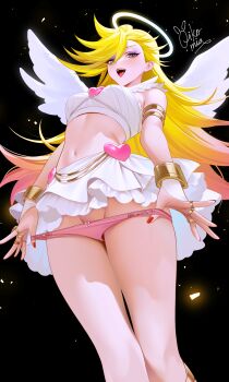 1girl absurdres angel angel_wings blonde_hair blue_eyes crop_top feathered_wings halo heart highres jewelry long_hair looking_at_viewer midriff navel non-web_source oikomia open_mouth panties panty_&amp;_stocking_with_garterbelt panty_(psg) panty_pull pink_panties ring solo_focus source_request traditional_halo underwear undressing white_wings wings