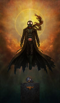 Rule 34 | 1boy, absurdres, armor, black background, black boots, black gloves, black hair, black pants, boots, brown coat, coat, compound eyes, emblem, floating, floating scarf, full body, gloves, glowing, glowing eyes, green armor, green helmet, haze, helmet, highres, k (kamen rider), kamen rider, kamen rider 1, kamen rider 1 (shin), katou yuu, long coat, orange background, pants, red scarf, revision, rider belt, robot, scarf, severed head, shin kamen rider, shocker (kamen rider), smoke, solo focus, tokusatsu, torn clothes, torn coat, torn scarf, typhoon (kamen rider), yellow background