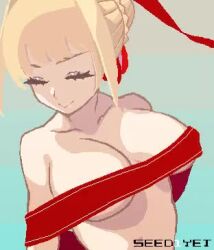 Rule 34 | 1girl, animated, bare shoulders, blinking, blonde hair, bouncing breasts, breasts, clenched teeth, closed mouth, completely nude, fate/grand order, fate (series), green eyes, large breasts, lowres, nero claudius (fate), nude, pixel art, red ribbon, ribbon, simple background, smile, solo, teeth, video, viola (seed), watermark