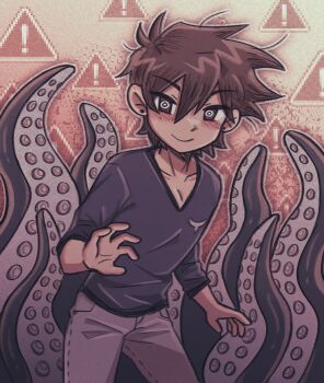 1boy black_eyes blue_sweater blush bright_pupils brown_hair closed_mouth collarbone commentary dark-skinned_male dark_skin ear_piercing english_commentary grey_pants hero_(faraway)_(omori) hero_(omori) highres looking_at_viewer omori pants piercing setosexual smile solo sweater tentacles white_pupils