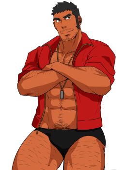 1boy abs bara beard beard_stubble crossed_arms facial_hair full_beard hairy jacket large_pectorals lifeguard long_sideburns male_focus male_swimwear mature_male muscular muscular_male mustache_stubble nipples open_clothes open_jacket original pectorals sakuramarusan short_hair sideburns solo standing strongman_waist stubble swim_briefs tan thick_eyebrows thick_thighs thighs whistle whistle_around_neck white_background