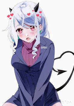 1girl aliasing artist_name black_horns black_jacket black_tail blush breasts buttons cone_horns cowboy_shot demon_girl demon_horns demon_tail drill_hair drill_sidelocks heart heart_in_eye heart_tail helltaker highres horns jacket kamori_ema lapels large_breasts long_sleeves looking_at_viewer lossy-lossless loving_aura medium_hair modeus_(helltaker) notched_lapels open_mouth red_eyes red_sweater ribbed_sweater side_ahoge sidelocks simple_background sitting solo suit_jacket sweater swept_bangs symbol_in_eye tail tail_raised turtleneck turtleneck_sweater white_background white_hair
