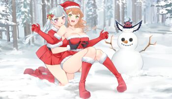 bare_legs bird black_clover blush boots breasts christmas christmas_clothing christmas_outfit cleavage cold_setting cousins dress elbow_gloves forest fur_trim gloves grabbing_another&#039;s_breast green_eyes groping hair_ornament hat high_heel_boots high_heels highres incest kneeling knees_together_feet_apart long_hair mimosa_vermillion nature nero_(black_clover) noelle_silva orange_hair purple_eyes santa_hat secre_swallowtail snow snowman strapless strapless_dress tagme white_hair yuri