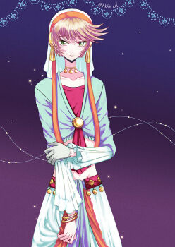 1boy bow bracelet choker code_geass code_geass:_boukoku_no_akito crossdressing expressionless gloves gold_bracelet gold_buttons green_eyes hkfezd jewelry long_sleeves looking_at_viewer midriff naruse_yukiya o-ring o-ring_bottom o-ring_choker red_bow skirt solo white_gloves white_hood white_skirt