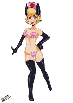 absurdres blonde_hair boots freckles gloves hat highres horns latex latex_boots latex_gloves latex_legwear nrhp183 nurse_cap pasties patty_(skullgirls) purple_eyes skullgirls tongue tongue_out white_background