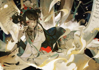 Rule 34 | 1girl, absurdres, baichuan baichuan, branch, brown eyes, brown hair, calligraphy, calligraphy brush, chinese clothes, closed mouth, double bun, dress, eyeshadow, fingernails, flower, hair bun, hair ornament, hairband, hanging scroll, highres, holding, holding calligraphy brush, holding paintbrush, lips, long sleeves, looking at viewer, makeup, nail polish, original, paintbrush, red eyeshadow, red nails, scroll, shawl, smoke, solo, white flower, wide sleeves