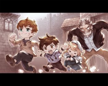 1girl 3boys aged_down angry artist_request beard black_dress black_pants black_shirt black_shorts blank_eyes blonde_hair blue_eyes brown_eyes brown_hair brown_shirt brown_shoes child clause_(king's_raid) closed_eyes commentary commentary_request dress dress_shirt english_commentary facial_hair flashback fleeing frey_(king's_raid) game_cg grey_hair grey_hoodie hat highres hood hoodie kasel_(king's_raid) king's_raid korean_commentary mixed-language_commentary multiple_boys official_art open_mouth pants ricardo_(king's_raid) running scar scar_on_face scar_on_forehead second-party_source shawl shirt shoes shorts smile stone_wall sweatdrop white_hair white_hat white_shawl white_shoes wristband