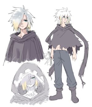 1boy aqua_eyes bervens12 blonde_hair boots cloak cloud_strife final_fantasy final_fantasy_vii final_fantasy_vii_rebirth final_fantasy_vii_remake full_body grey_hair grey_pants hair_between_eyes hair_over_one_eye highres holding holding_sword holding_weapon hood hood_down hood_up hooded_cloak male_focus midriff multicolored_hair multiple_views pants shaded_face short_hair sketch solo spiked_hair standing sword torn_cloak torn_clothes two-tone_hair upper_body weapon white_background