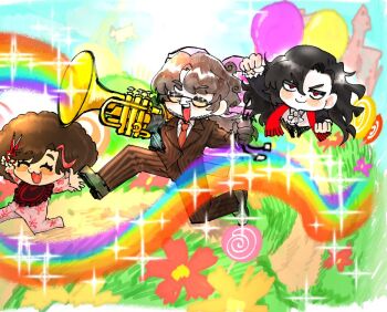 Rule 34 | afro, balloon, beard stubble, black gloves, black hair, black shoes, brown hair, brown suit, candy, collared shirt, facial hair, firefist office (identity) (project moon), food, formal clothes, glass, gloves, gregor (project moon), hand up, instrument, limbus company, lollipop, long hair, meursault (project moon), necktie, outis (project moon), parody, project moon, pyrovision goggles, rainbow, red eyes, red necktie, red scarf, scarf, scissors, shirt, shoes, smile, sparkle, stubble, suit, team fortress 2, trumpet, udiedguy, white shirt