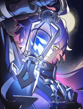 1boy absurdres arm_up black_jacket blue_gemstone blue_hair collared_jacket commentary donutdonutt english_commentary flins_(genshin_impact) floating_hair full_moon gem genshin_impact gloves glowing glowing_eye highres holding holding_lantern jacket lantern long_hair long_sleeves male_focus moon night night_sky sky sleeve_cuffs smile solo upper_body very_long_hair yellow_eyes