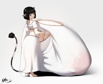 1girl absurdres animal_ears barefoot black_hair bracelet breasts brown_eyes bursting_breasts cow_ears cow_girl cow_horns cow_tail dress from_side gigantic_breasts highres horns huge_areolae impossibly_large_breasts jewelry looking_at_viewer maoyuu_maou_yuusha medium_hair naze nipples puffy_nipples see-through_clothes short_sleeves simple_background smile solo tail ushichichi_(maoyuu) white_dress