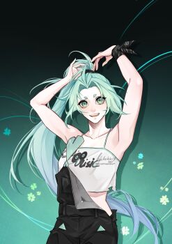 aqua_background aqua_eyes aqua_hair black_overalls black_ribbon camisole casual clothes_writing clover commentary english_commentary hair_tie highres long_hair lucky_cyan_(to_be_hero_x) open_mouth overalls ponytail ribbon smile to_be_hero to_be_hero_x tsutokki very_long_hair white_camisole wrist_ribbon