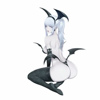 1girl absurdres arched_back ass ass_focus bare_shoulders bareback bat_wings between_legs black_gloves black_panties black_thighhighs blue_eyes breasts covered_erect_nipples curvy demon_girl earrings elbow_gloves gloves hairband hand_between_legs heart heart_print highres jewelry kneeling lips looking_at_viewer looking_back makeup mascara original pale_skin panties parted_lips pink_lips ponytail seiza sideboob sitting solo thighhighs thong underwear white_background white_hair wings zeronis