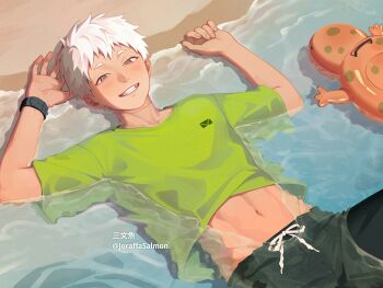 Rule 34 | 1boy, artist name, beach, black shorts, blush, commentary request, drawstring, green shirt, grin, hikaru ga shinda natsu, indou hikaru, joraffasalmon, lying, male focus, midriff, navel, ocean, on back, on floor, partially submerged, sand, scar, scar on neck, shirt, short hair, shorts, smile, solo, tied drawstring, twitter username, watch, water, white hair, wristwatch