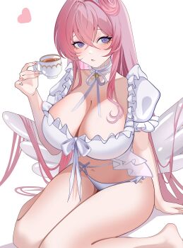 1girl absurdres angel_wings bikini breasts cleavage commentary cup dorothy_(nikke) dorothy_(serendipity)_(nikke) goddess_of_victory:_nikke hair_bun heart highres holding holding_cup large_breasts long_hair navel official_alternate_costume purple_eyes simple_background single_side_bun sitting solo stomach swimsuit tea teacher velmillix very_long_hair wariza white_background white_bikini wings