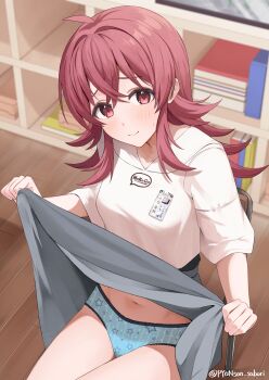 1girl ahoge aqua_panties blush clothes_lift commentary_request crossed_bangs flipped_hair grey_skirt highres idolmaster idolmaster_shiny_colors indoors komiya_kaho lifting_own_clothes long_hair looking_at_viewer navel panties polka_dot polka_dot_panties pyonsan red_eyes red_hair shirt sitting skirt skirt_lift smile solo star_(symbol) star_print stomach striped_clothes striped_panties thighs twitter_username underwear vertical-striped_clothes vertical-striped_panties white_shirt wooden_floor