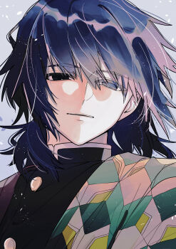 1boy absurdres black_hair black_jacket buttons commentary_request demon_slayer_uniform gold_buttons half-closed_eyes haori high_collar highres jacket japanese_clothes kikkoumon kimetsu_no_yaiba long_hair looking_at_viewer low_ponytail male_focus parted_lips ponytail print_haori red_haori solo spiked_hair tomioka_giyuu upper_body user_cwcs7753