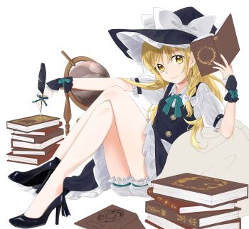 1girl absurdres apron black_hat black_shoes black_skirt black_vest blonde_hair book bow bowtie braid closed_mouth collared_shirt commentary_request crossed_legs earrings frilled_skirt frills globe green_bow green_bowtie hair_bow hat hat_bow high_heels highres holding holding_book holding_quill jewelry kirisame_marisa looking_at_viewer open_book puffy_short_sleeves puffy_sleeves quill shirt shoes short_sleeves side_braid single_braid skirt smile solo star_(symbol) star_earrings touhou tsuno_no_hito vest waist_apron white_apron white_bow white_shirt witch_hat