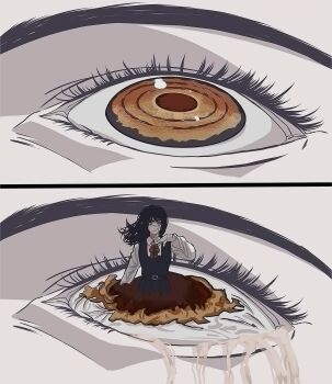 2girls black_hair cdtxufre chainsaw_man demon_girl the_end_of_evangelion fourth_east_high_school_uniform giant giantess highres lilith_(ayanami_rei) looking_at_viewer looking_up mitaka_asa multiple_girls neon_genesis_evangelion pale_skin parody ringed_eyes scar scar_on_face scene_reference school_uniform smile yoru_(chainsaw_man)