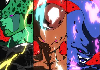 Rule 34 | 3boys, blue skin, cell (dragon ball), close-up, colored skin, dragon ball, dragonball z, electricity, final form frieza, frieza, glowing, glowing eyes, hashtag-only commentary, highres, kid buu, majin buu, male focus, multiple boys, no eyebrows, purple eyes, stktik09060906