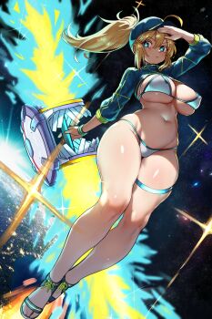1girl absurdres artoria_pendragon_(fate) baseball_cap bikini blonde_hair blue_eyes blue_hat blush breasts closed_mouth ebora fate/grand_order fate_(series) full_body hair_through_headwear hat highres holding holding_weapon large_breasts long_hair looking_at_viewer mysterious_heroine_x_(fate) mysterious_heroine_xx_(fate) mysterious_heroine_xx_(third_ascension)_(fate) navel ponytail shrug_(clothing) solo space stomach string_bikini swimsuit thigh_strap twinmyniad_(fate) weapon white_bikini
