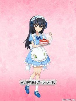 1girl apron bare_arms bell_jar black_hair blue_bow blue_bowtie blue_dress blue_ribbon blue_shoes blush bow bowtie brown_eyes cake character_name collarbone dress expressionless food frilled_apron frilled_dress frills fruit full_body girls_und_panzer girls_und_panzer_senshadou_daisakusen! gradient_background hair_between_eyes holding holding_tray legs loafers long_hair looking_at_viewer maid maid_apron maid_headdress official_art plaid_bow plaid_bowtie plaid_clothes print_apron puffy_short_sleeves puffy_sleeves red_background reizei_mako ribbon sailor_collar sash shoes short_sleeves socks standing strawberry strawberry_cake strawberry_slice thighs tray white_sailor_collar white_sash white_socks