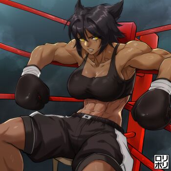 1girl abs absurdres artist_logo black_tank_top boxer boxing_gloves boxing_ring boxing_shorts cat_girl commentary dark-skinned_female dark_skin english_commentary frown highres jamrolypoly leila_(awastedninja) logo looking_to_the_side muscular muscular_female original short_hair shorts sitting solo stool tank_top teeth yellow_eyes