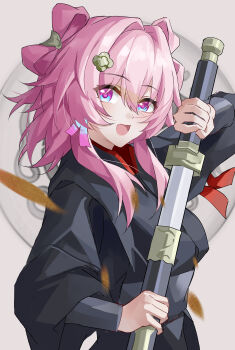 Rule 34 | 1girl, absurdres, alternate costume, black robe, breasts, commentary request, evzeva, grey background, hair intakes, highres, holding, holding sword, holding weapon, honkai: star rail, honkai (series), march 7th (honkai: star rail), medium hair, multicolored eyes, open mouth, pink hair, robe, smile, solo, sword, two-tone eyes, upper body, weapon