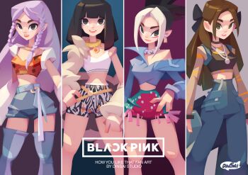 Rule 34 | 4girls, black hair, blackpink, blonde hair, blunt bangs, braid, brown hair, choker, commentary, cowboy shot, crop top, dinsai studio, earrings, group name, hair bun, hand on own hip, highres, jennie (blackpink), jewelry, jisoo (blackpink), k-pop, lisa (blackpink), long hair, looking at viewer, medium hair, multiple girls, pants, purple hair, real life, rose (blackpink), shorts, sidelocks, thighhighs, watermark