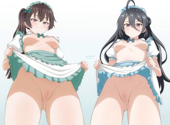 2girls absurdres ahoge apron aqua_apron aqua_bow aqua_skirt artist_name audirenze bikini bikini_top_only black_hair blue_apron blue_bow blue_skirt blush bow breasts brown_hair cleft_of_venus closed_mouth clothes_lift commentary cowboy_shot detached_sleeves double-parted_bangs english_commentary expressionless eyelashes fingernails frilled_skirt frilled_sleeves frills hair_between_eyes hair_bow hair_bun high-waist_skirt highres huge_ahoge kimishima_ayano large_breasts layered_skirt legs_apart lifting_own_clothes long_bangs long_hair looking_at_viewer looking_down maid maid_apron maid_headdress micro_bikini multiple_girls no_panties one_side_up ponytail purple_eyes pussy short_sleeves simple_background skirt skirt_lift smile standing straight_hair string_bikini suou_yuki swimsuit tokidoki_bosotto_roshia-go_de_dereru_tonari_no_alya-san uncensored variant_set very_long_hair waist_apron white_background white_bikini white_sleeves wispy_bangs