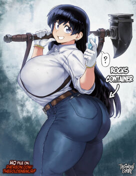 1girl ? abstract_background arato_nagi arrow_(symbol) ass belt black_hair blue_eyes blue_pants breasts brown_belt commentary crystal denim earrings english_commentary english_text feet_out_of_frame giant_hammer gloves gold_trim grey_background grin hammer holding holding_crystal holding_hammer huge_ass huge_breasts jeans jewelry long_hair looking_at_viewer object_in_pocket object_on_shoulder pants pearl_earrings pocket rock ruri_no_houseki shirt shoulder_strap signature smile solo speech_bubble spoken_question_mark the_golden_smurf turning_head white_background white_gloves white_shirt