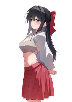 1girl absurdres arms_behind_back black_hair blue_eyes bow breasts cleavage closed_mouth cowboy_shot drawstring from_side grey_sports_bra hair_bow hashtag-only_commentary highres hood hood_down hooded_shrug large_breasts long_hair long_sleeves looking_at_viewer looking_to_the_side navel ninjyang0903 own_hands_clasped own_hands_together pleated_skirt red_bow red_skirt shirayuki_hina shrug_(clothing) sideways_glance simple_background skirt solo sports_bra standing stellive stomach virtual_youtuber white_background white_shrug