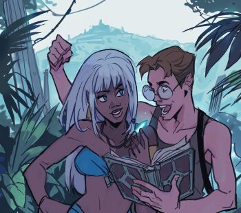 1boy 1girl atlantis:_the_lost_empire blue_eyes blunt_bangs book brown_hair commentary dark-skinned_female dark_skin forest gabriel_picolo glasses hand_on_own_hip highres holding holding_book jewelry kidagakash long_hair milo_james_thatch nature outdoors pendant short_hair smile tank_top undercut upper_body white_hair