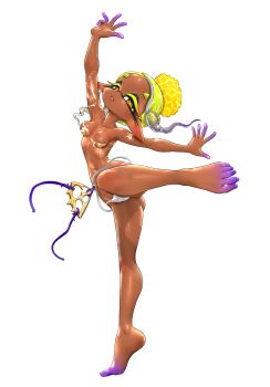 1girl arm_up ass belt blonde_hair breasts charm_(object) chinese_commentary colored_eyelashes colored_inner_hair dancing dark-skinned_female dark_skin domino_mask earrings eye_mask frye_(splatoon) gradient_hair hair_ornament highres inkling jewelry koharu2.5 leg_lift looking_at_viewer mask medium_breasts multicolored_hair multiple_earrings nintendo no_nipples panties pantyshot parted_lips pointy_ears polka_dot polka_dot_hair pom_pom_(clothes) pom_pom_hair_ornament purple_hair sideways_glance simple_background solo spiked_ear_piercing splatoon_(series) spread_fingers standing standing_on_one_leg star-shaped_pupils star_(symbol) string_panties symbol-shaped_pupils tentacle_hair tiptoes toes twintails underwear upturned_nose white_background white_belt white_hair white_panties yellow_eyes yellow_poncho yellow_pupils