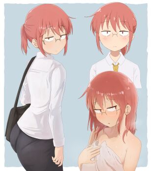 1girl absurdres ass bag black_pants blue_background blush closed_mouth glasses handbag hashtag-only_commentary highres kobayashi-san_chi_no_maidragon kobayashi_(maidragon) kobou31 looking_at_viewer multiple_views naked_towel necktie open_mouth orange_eyes pants pantylines ponytail red_hair shirt short_hair simple_background towel white_shirt yellow_necktie