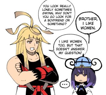 ... 1boy 1girl blonde_hair blunt_bangs bob_cut brother_and_sister coat crossed_arms english_text fingerless_gloves gloves gradient_hair gwynn_(pokemon) hat implied_yuri ivor_(pokemon) looking_at_another mole mole_under_mouth multicolored_hair nintendo pokemon pokemon_legends:_z-a purple_eyes purple_hair red_eyes short_hair siblings speech_bubble spoken_ellipsis wanderjegson white_background white_coat