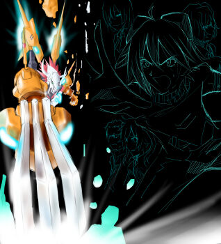 Rule 34 | digimon, digimon (creature), glasses on head, highres, kuga yuuya, mikagura mirei, nicolai petrov, open mouth, rindou akiho, short hair, smile, taiga (digimon), twintails, wargreymon, wargreymon x-antibody