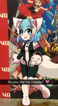 Rule 34 | 1girl, :d, animal ears, blue eyes, blue hair, bodysuit, boku no hero academia, breasts, commentary, convention, cosplay, dot nose, english commentary, english text, highres, indie virtual youtuber, multicolored bodysuit, open mouth, pink bodysuit, short hair, smile, solo, tail, thick eyelashes, two-tone bodysuit, uraraka ochako, uraraka ochako (cosplay), virtual youtuber, wolf ears, wolf girl, wolf tail, wolfychu, wolfychu (artist)