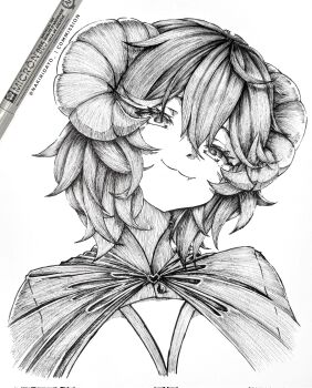 Rule 34 | 1girl, closed mouth, commentary, commission, corrupted twitter file, cropped shoulders, curved horns, double-parted bangs, english commentary, fang, greyscale, hair between eyes, head tilt, highres, long bangs, looking at viewer, monochrome, nakiri virus, original, pen (medium), photo (medium), short hair, smile, solo, traditional media