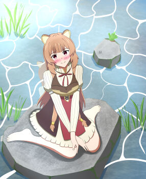 1girl absurdres animal_ear_fluff animal_ears barefoot between_legs blunt_bangs blush breasts brown_dress brown_hair collared_dress commentary dress english_commentary from_above hand_between_legs high_collar highres layered_dress long_hair long_sleeves looking_at_viewer looking_up mac_millan02 medium_breasts metal_arm_cuffs metal_hair_tubes neck_ribbon on_rock pinstripe_dress pinstripe_pattern raccoon_ears raccoon_girl raccoon_tail raphtalia red_dress red_eyes red_ribbon ribbon river short_dress sitting sleeveless sleeveless_dress solo straight_hair tail tate_no_yuusha_no_nariagari two-tone_dress wariza water white_dress