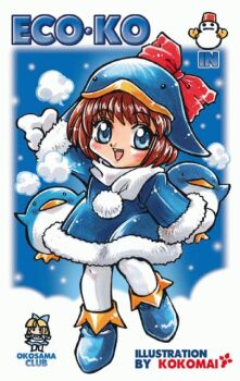 1girl animal animal_costume arm_up artist_name bird black_eyes blue_dress blue_eyes blue_shoes bow breath brown_hair bucket character_name child circle_name commentary dress ecoco ekokuice fur-trimmed_dress fur_trim hat hat_bow kokomahi long_sleeves looking_at_viewer mittens open_mouth pantyhose penguin penguin_hat pom_pom_(clothes) red_bow scarf shoes short_hair sleeves_past_wrists smile snowing snowman solo teeth upper_teeth_only white_mittens white_pantyhose white_scarf