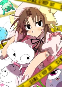 1girl absurdres apron bandaid bandaid_on_cheek bandaid_on_face beret black_eyes black_ribbon bow brown_hair bruise bruise_on_arm bruise_on_stomach caution_tape creature dress ed-chan_(edkuroki) edkuroki gauze gauze_on_cheek gauze_on_elbow hair_intakes hat hickey highres injury keep_out long_hair looking_at_viewer messy_hair original pink_apron pink_dress pink_hat pout ribbon signature simple_background sparkle white_background yellow_bow