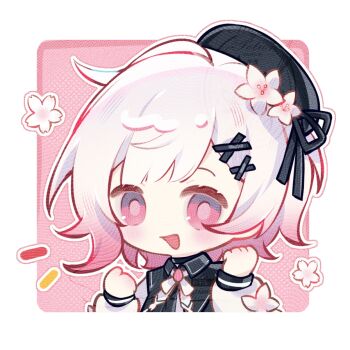1girl :d beret black_hat border cherry_blossoms chibi chibi_only chinese_commentary commentary_request flower gradient_hair hair_flower hair_ornament hands_up hat long_sleeves looking_at_viewer mahou_shoujo_no_majo_saiban multicolored_hair open_mouth outside_border pink_background pink_eyes pink_hair qiannie sakuraba_ema short_hair smile solo upper_body white_border white_flower white_hair x_hair_ornament