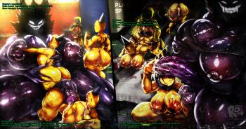 3futa 3girls absurdres ass backrooms_(creepypasta) breasts cum curvy futa_with_female futanari highres huge_breasts large_breasts large_penis monster monster_girl multiple_futa multiple_girls partygoer_(backrooms) penis plump rongodombo sex smiler_(backrooms) submission testicles videocassette