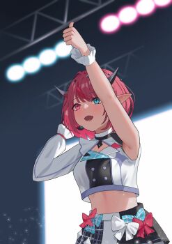 1girl absurdres armpits asymmetrical_sleeves blue_eyes blush bow commentary english_commentary half-skirt halo heterochromia highres hololive hololive_english hololive_idol_uniform_(bright) horns idol idol_clothes irys_(hololive) large_bow layered_skirt multicolored_hair official_alternate_costume open_mouth pointy_ears red_hair shift_(shiftillust) skirt smile solo stage stomach streaked_hair two-sided_fabric two-sided_skirt uneven_sleeves virtual_youtuber waist_bow