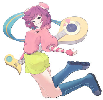 Rule 34 | 1girl, ass, blue boots, boots, breasts, commentary request, full body, green eyes, green shorts, guitar, highres, holding, holding guitar, holding instrument, hood, hoodie, instrument, mega man (series), mega man star force (series), musical note, musical note print, parted lips, pink hoodie, print hoodie, rasu maid, red eyes, shorts, simple background, smile, solo, sonia strumm (mega man), white background