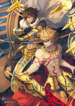2boys abs ancient_egyptian ancient_egyptian_clothes armlet armor artist_name black_gloves black_pants black_shirt blonde_hair blue_gemstone body_markings brown_hair cape clothing_cutout collarbone commentary cowboy_shot dark-skinned_male dark_skin darkavey ea_(fate) earrings english_commentary evil_smile fate/grand_order fate_(series) faulds fingernails floating_cape flying gate_of_babylon_(fate) gauntlets gem gilgamesh_(fate) gloves gold_armlet gold_earrings gold_necklace hair_between_eyes hands_up holding holding_sword holding_weapon jewelry looking_to_the_side male_focus messy_hair multiple_boys muscular muscular_male navel necklace nipples ozymandias_(fate) pants pectorals pelvic_curtain pixiv_fate/grand_order_contest_1 polearm red_cape red_eyes shirt short_hair short_sleeves single_gauntlet smile sparkle spear standing star_(sky) starry_sky_background sword teeth topless_male v-shaped_eyebrows watermark weapon white_cape yellow_armor yellow_eyes